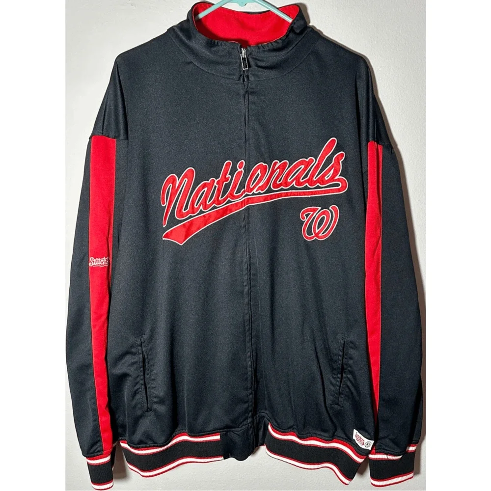 Washington Nationals MLB Full Zip Black & Red Jacket Stitches Sz XL